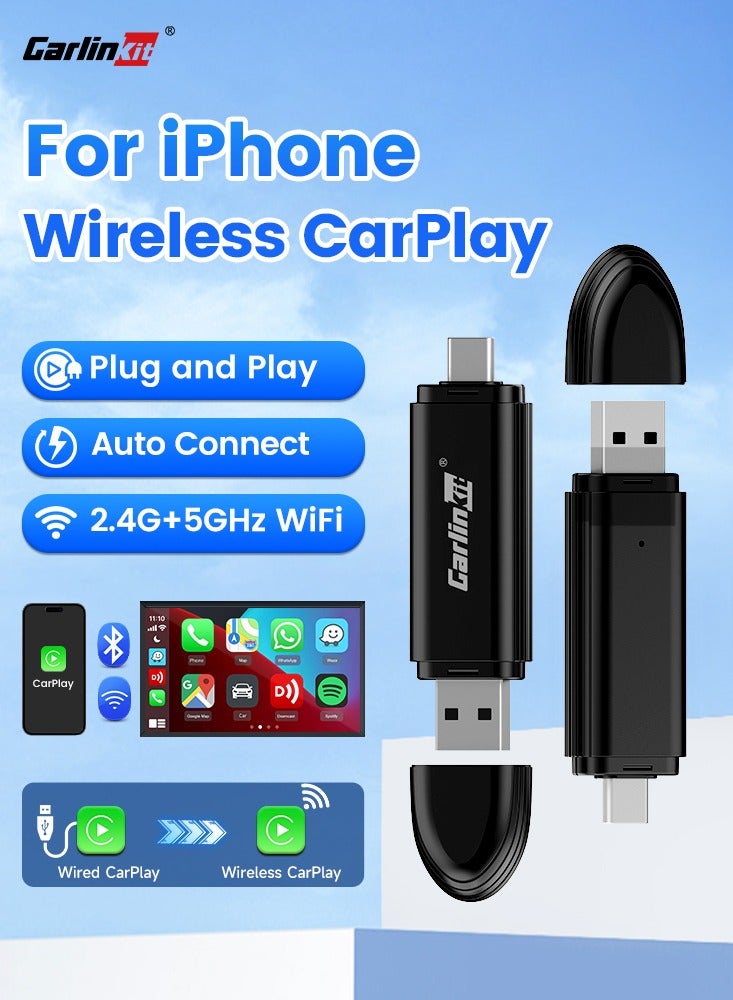 MINISE Wireless CarPlay Adapter USB-A/C for iPhone Convert Wired to Wireless Carplay Fast-Connect Plug&amp;Play FOTA