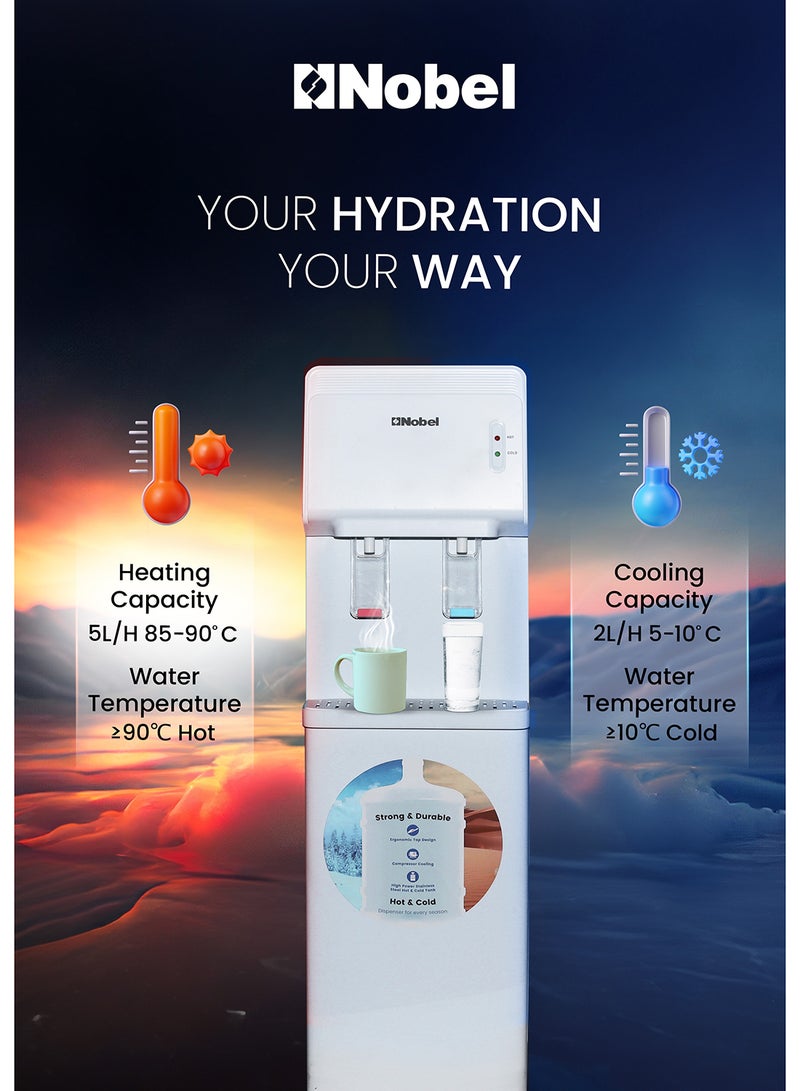 Water Dispenser, Hot & Cold, 2 Taps, Compressor Cooling, 5L/H Heating, 2L/H Cooling, Silicon Water Outlet Pipes NWD1603 White
