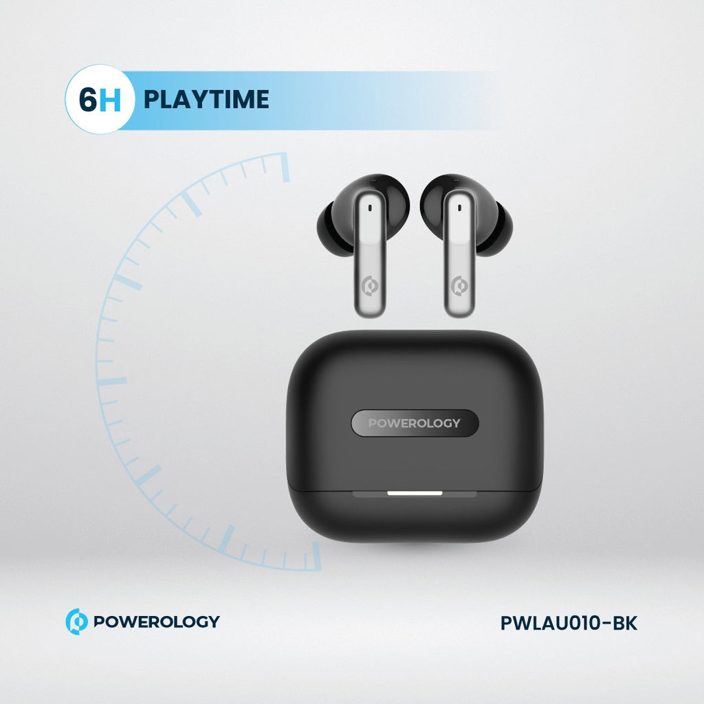 [PWLAU010-BK] Powerology 6 Mic Hybrid ANC + ENC True Wireless Buds (​Black)
