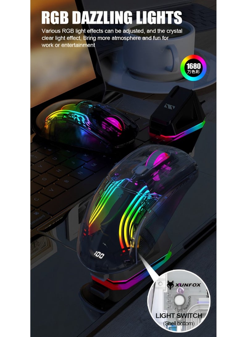 Rechargeable Wireless Gaming Mouse | Transparent RGB Superlight Ergonomic 2.4 GHz Wireless Mouse with 4000 DPI | Programmable Wireless Gaming Mice with Magnetic charging base and Digital Display