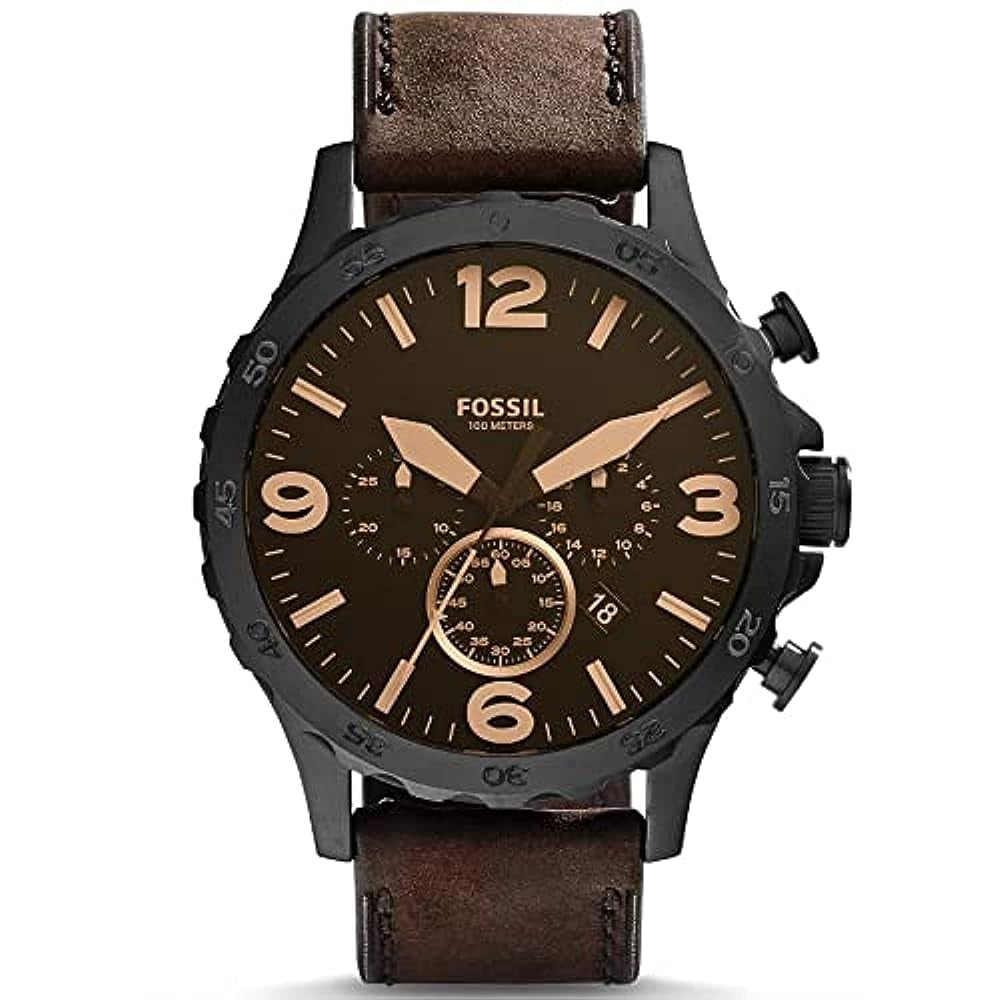 Fossil Men's Jr1487 Nate Stainless Steel Watch Brown Leather Band, Brown, Strap Jr1487