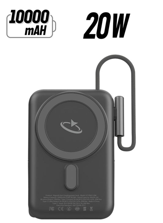MagCharge 10000 mAh Power Bank 20W Output with Built-in USB-C Cable, Wireless Portable Charger, Fast Charging, Mini Display & Fast-Charger for iPhone 16/15 Series, AirPods, and Many More