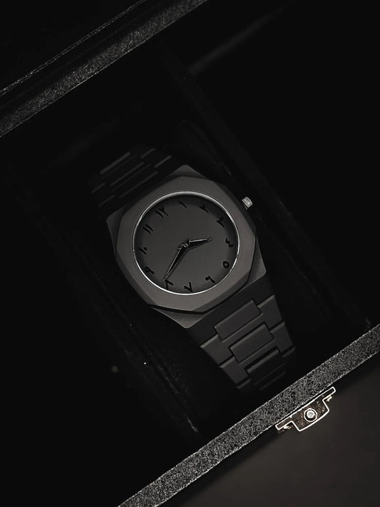 Aura Black Men's Watch – Minimalist Arabic Dial, Luminous Hands, Quartz Movement, Business Casual Style