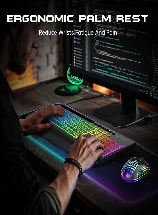 Garlo Wireless Keyboard and Mouse Combo, Membrane Silent Gaming Keyboard with Mechanical Feeling, Full-Size Bluetooth/2.4GHz/wired keyboard, RGB Backlit, Ergonomic Wrist Rest for PC/Computer/Mac/PS5