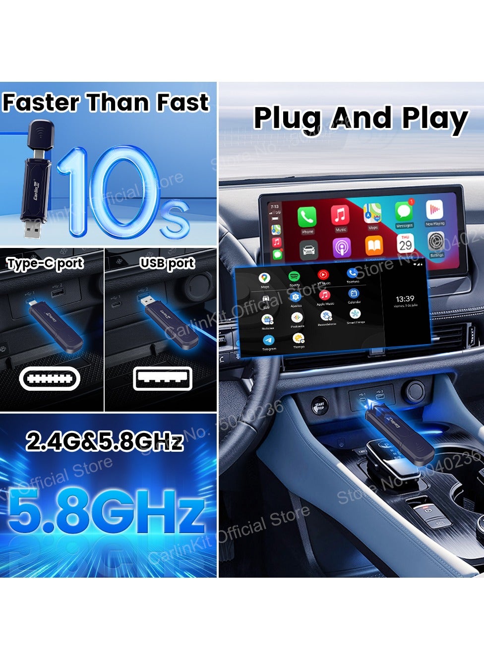 MINISE Wireless CarPlay Adapter USB-A/C for iPhone Convert Wired to Wireless Carplay Fast-Connect Plug&amp;Play FOTA