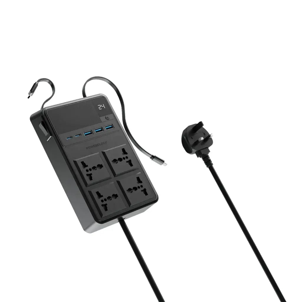 [PWCUQC029] Powerology 2500w 4 AC Power Strip with Built-In Retractable Cables - Black