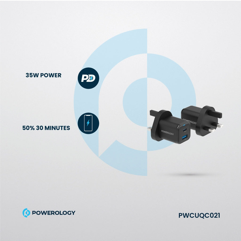 [PWCUQC021] Powerology 35W PD QC 1xUSB-C 35W and 1xUSB-A 18W GaN Charger UK with USB-C Cable - Black