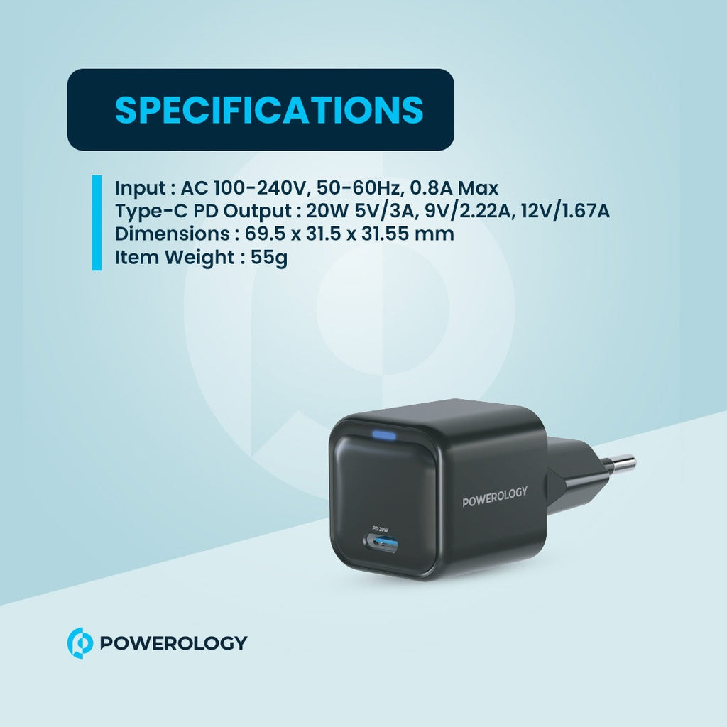 Powerology Ultra-Compact GaN Charger PD 20W EU - Black