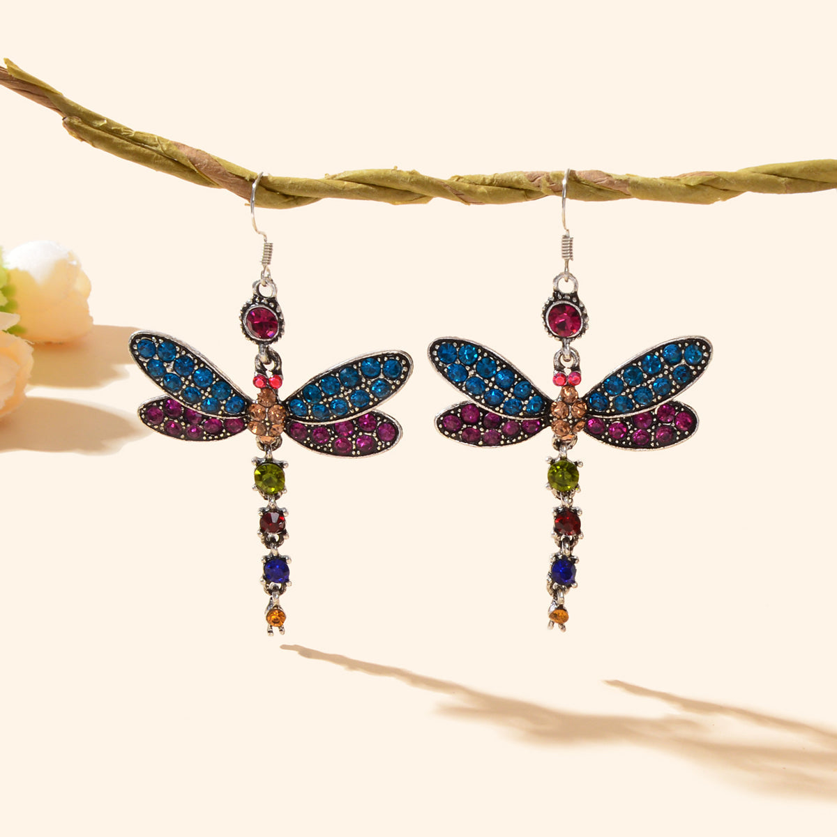 Luxury Jewellery Colorful Rhinestone Dragonfly Long Pendant Dangle Gift Earrings-0
