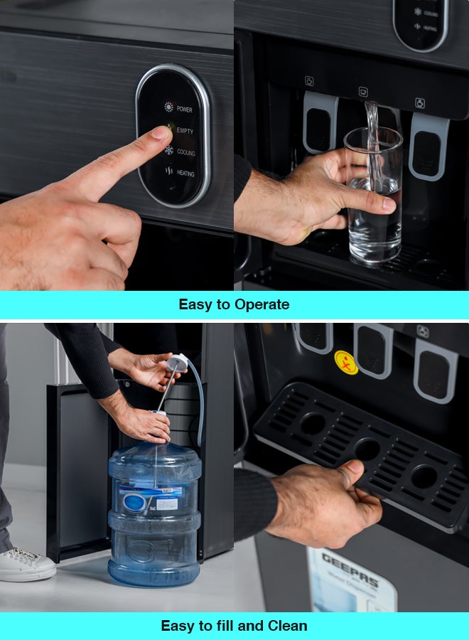 Bottom Loading Water Dispenser| Normal, Hot and Cold Function, Compressor Cooling, And 3 Taps| Cold Temperature: 4-12 Degrees Celsius; Hot Temperature: 85-95 Degrees Celsius| Perfect For Home and Office| Metallic grey, 2 Year Warranty GWD17037 Grey & Black