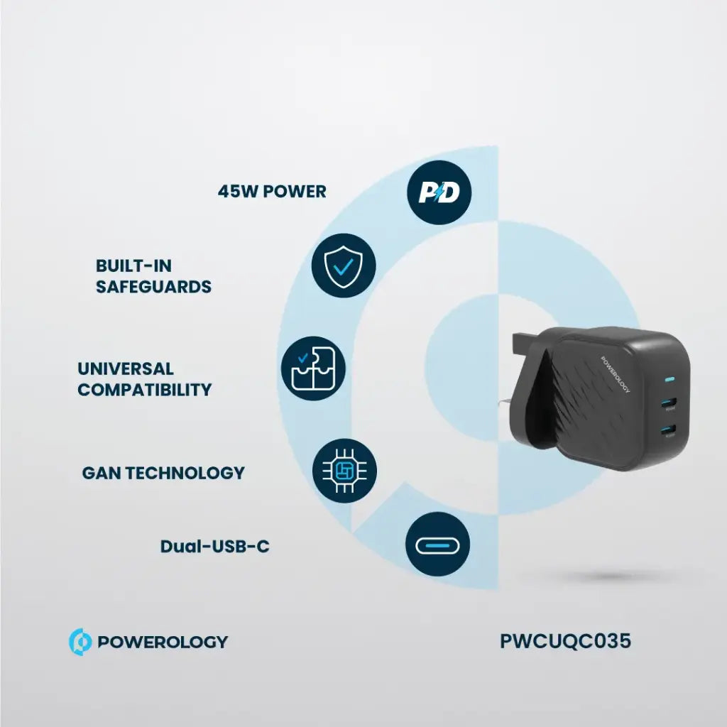 [PWCUQC035] Powerology Gan Dual USB-C Wall Charger - Black