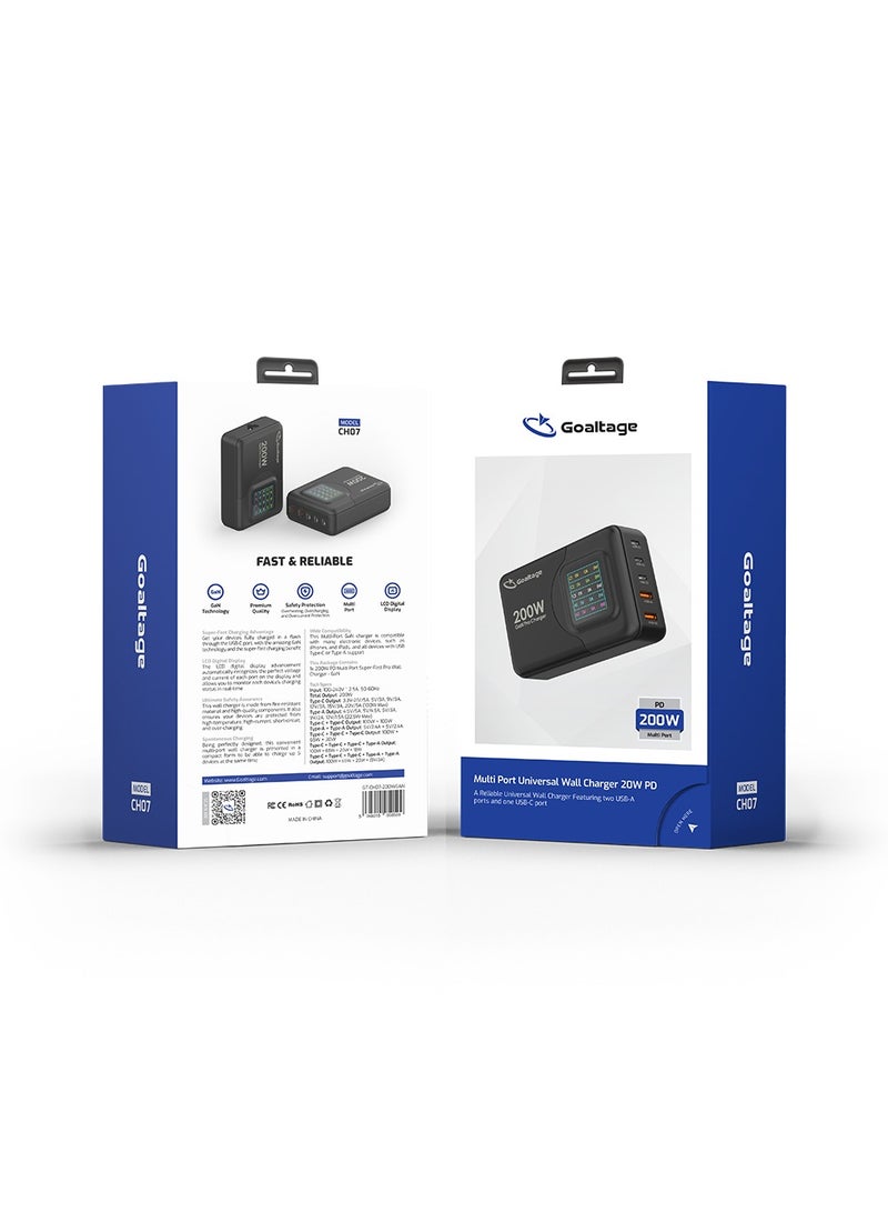 Super-Fast Pro 200W GaN Wall Charger & LCD Digital Display, Safety Protection, Multi-Port Functionality