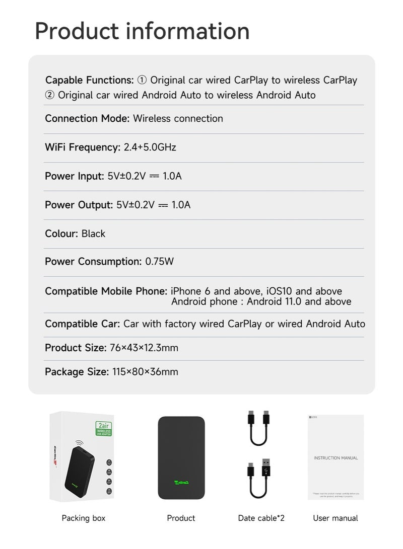 CarlinKit 5.0 Wireless CarPlay Mini Adapter Android Auto Dongle Wired To Wireless Car Play Box 5GWifi Bluetooth Auto Connect FOTA