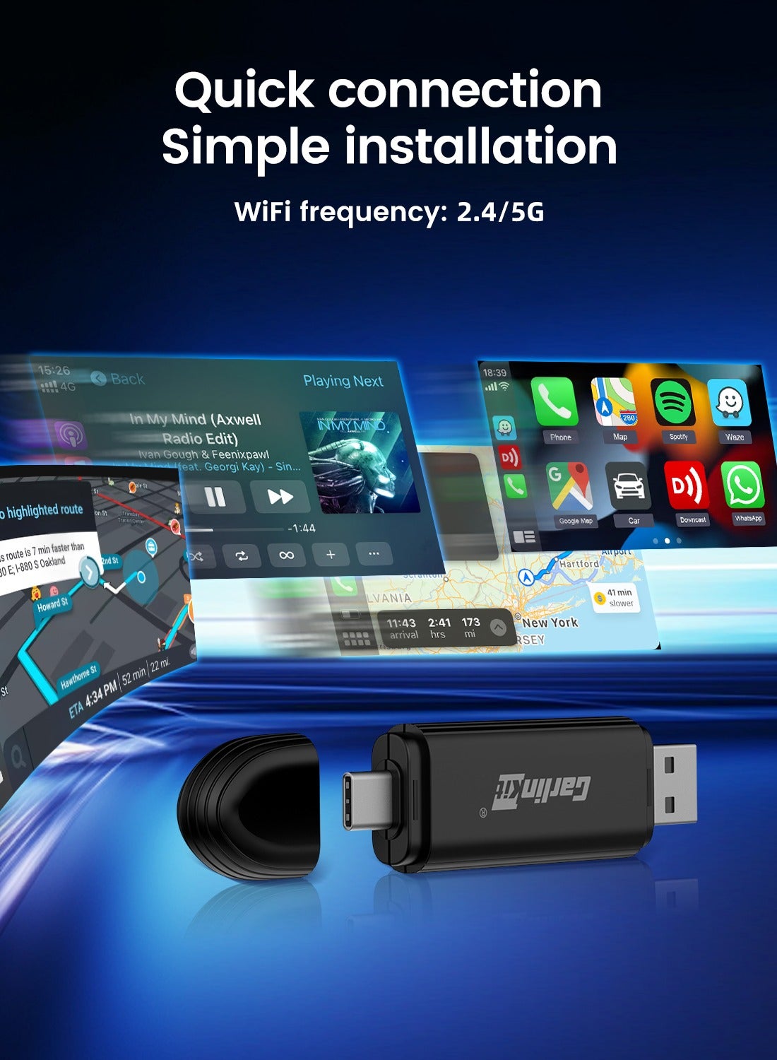 MINISE Wireless CarPlay Adapter USB-A/C for iPhone Convert Wired to Wireless Carplay Fast-Connect Plug&amp;Play FOTA