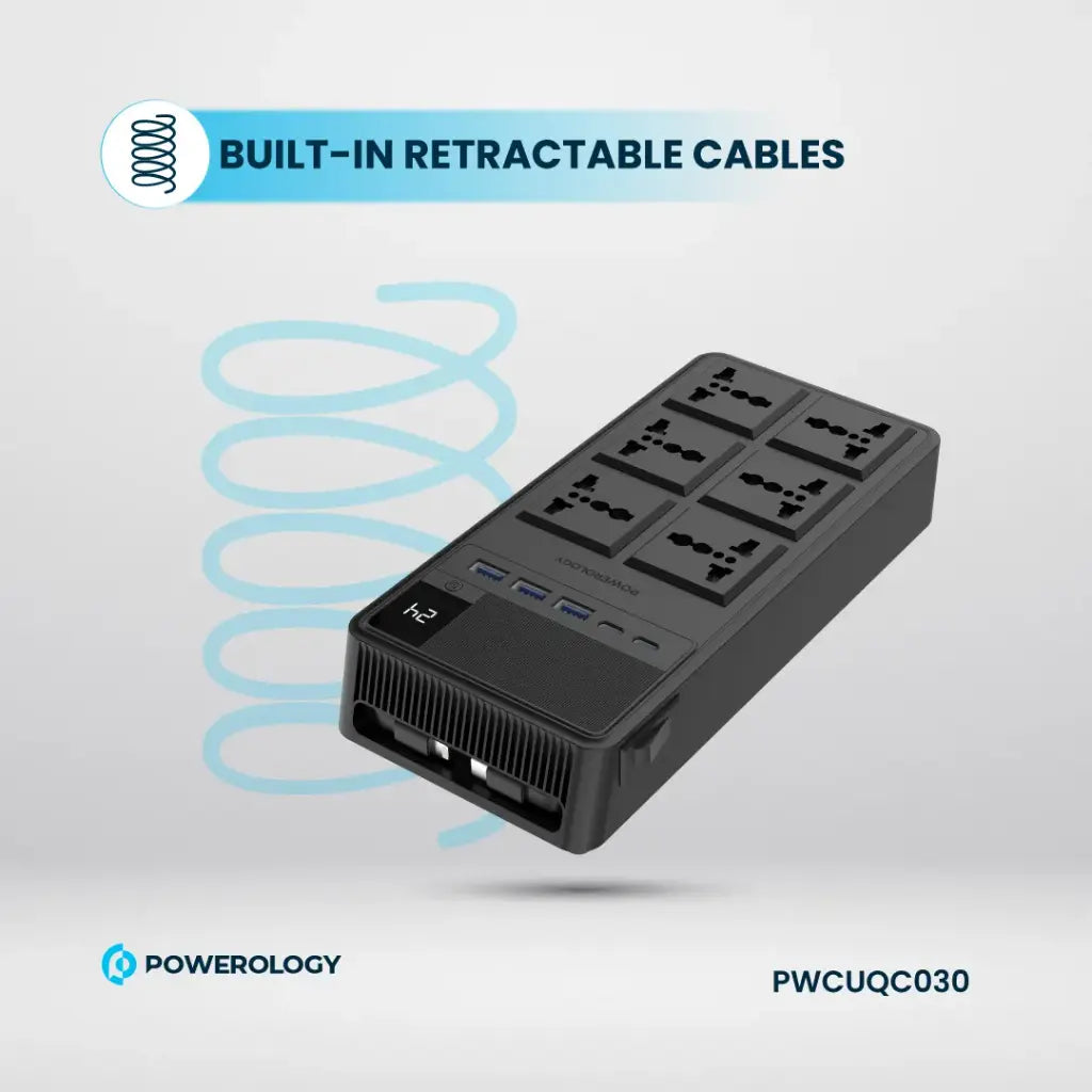 [PWCUQC030] Powerology 2500W 6AC Power Strip with Built-In Retractable Cables - Black