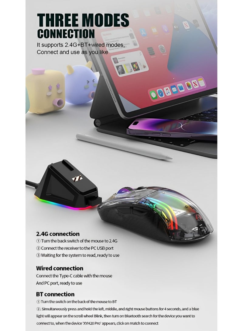Rechargeable Wireless Gaming Mouse | Transparent RGB Superlight Ergonomic 2.4 GHz Wireless Mouse with 4000 DPI | Programmable Wireless Gaming Mice with Magnetic charging base and Digital Display