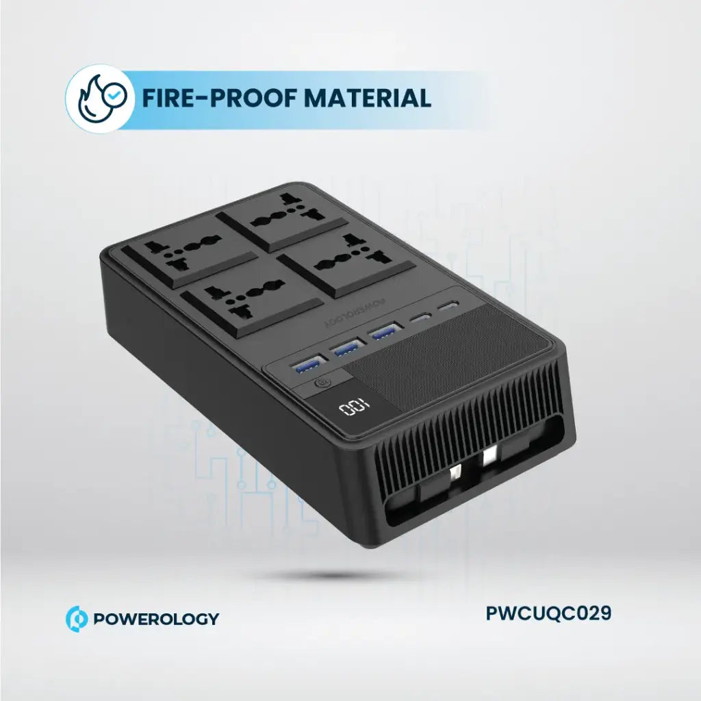 [PWCUQC029] Powerology 2500w 4 AC Power Strip with Built-In Retractable Cables - Black