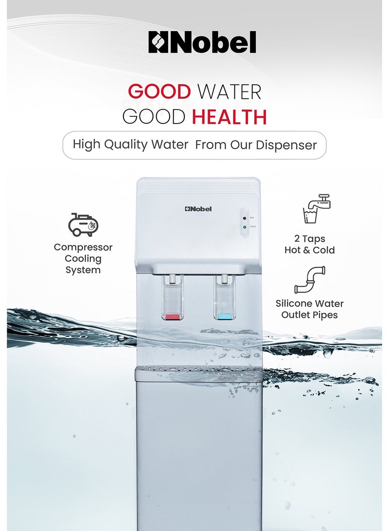 Water Dispenser, Hot & Cold, 2 Taps, Compressor Cooling, 5L/H Heating, 2L/H Cooling, Silicon Water Outlet Pipes NWD1603 White