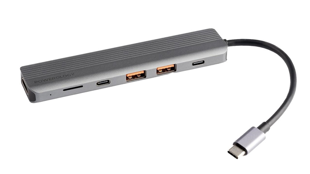 [P61HBCGY] Powerology 6-in-1 Slim 4K HDMI USB-C Hub