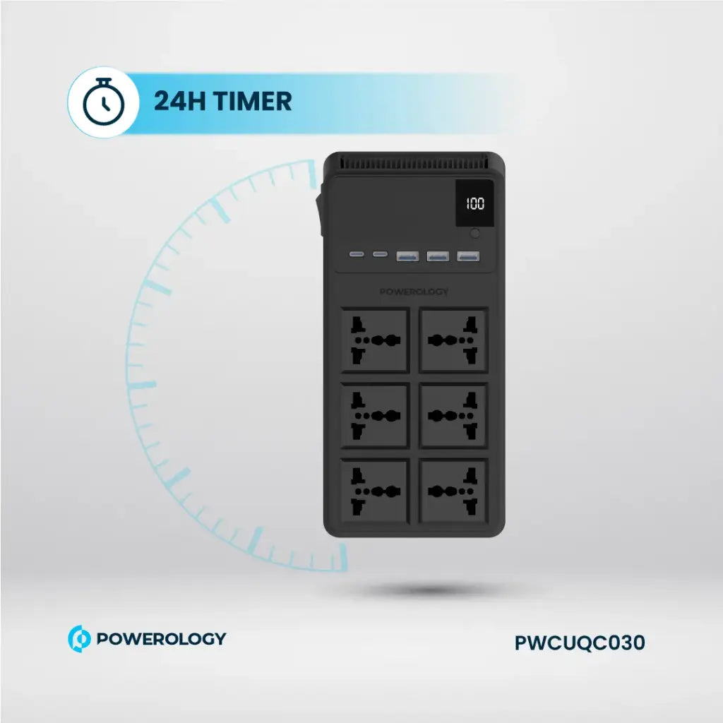 [PWCUQC030] Powerology 2500W 6AC Power Strip with Built-In Retractable Cables - Black