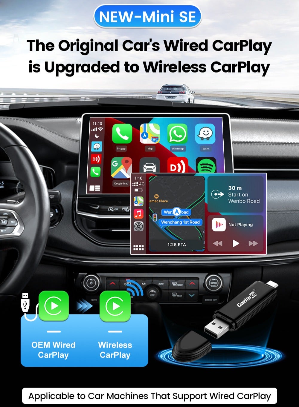 MINISE Wireless CarPlay Adapter USB-A/C for iPhone Convert Wired to Wireless Carplay Fast-Connect Plug&amp;Play FOTA