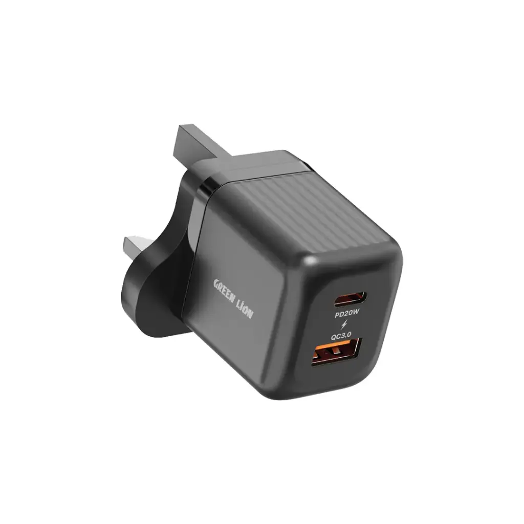 Green Lion Ultra Compact GaN Wall Charger UK Pin A+C 20W (with C to C / C to L Cable) - Black