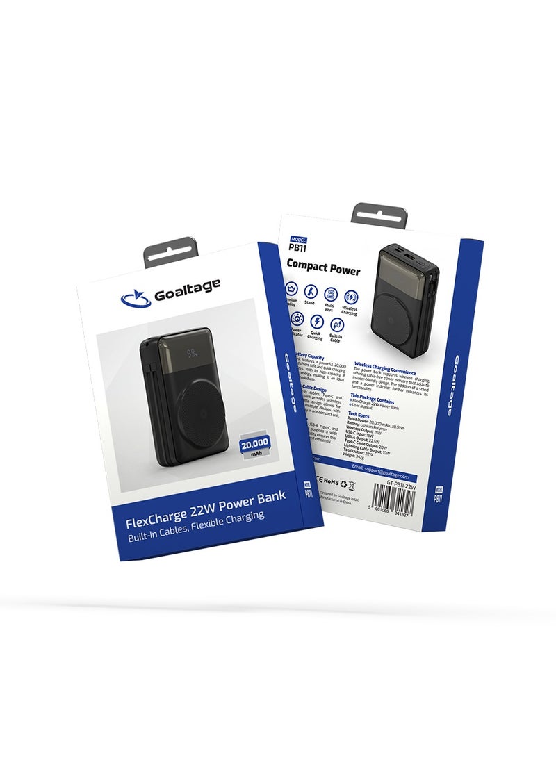 PB11 FlexCharge 20K Power Bank 22W with Built-In Cable, Power Indicator, Quick Wireless Charging, Multi-Port and Stand Functionality