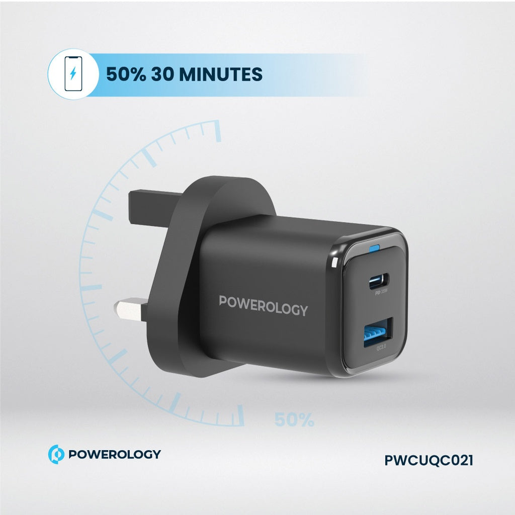 [PWCUQC021] Powerology 35W PD QC 1xUSB-C 35W and 1xUSB-A 18W GaN Charger UK with USB-C Cable - Black
