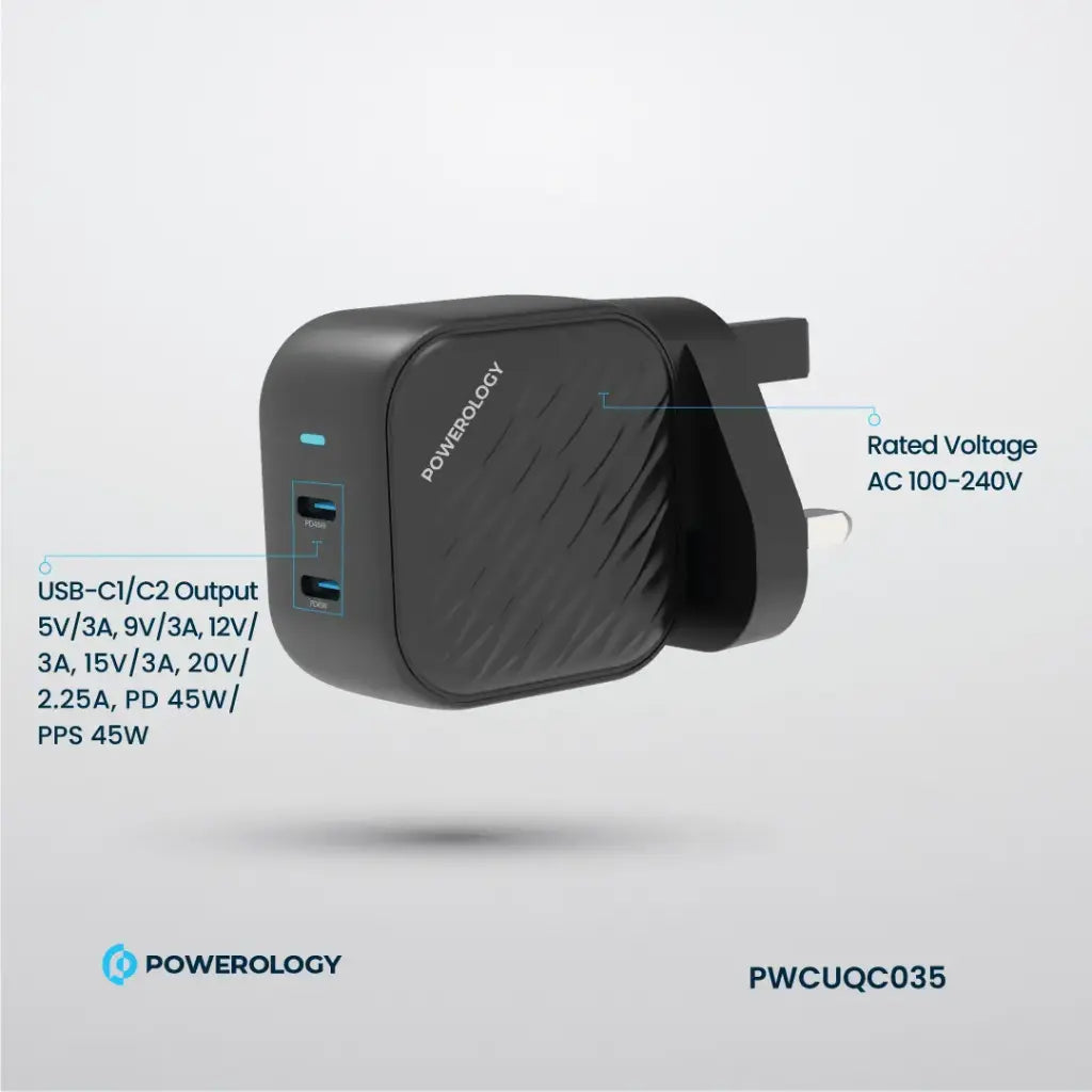 [PWCUQC035] Powerology Gan Dual USB-C Wall Charger - Black
