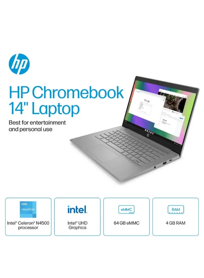 Chromebook Laptop With 14-Inch Display, Celeron Processor/4GB RAM/64GB Emmc/Intel UHD Graphics/Chrome OS English Modern Grey