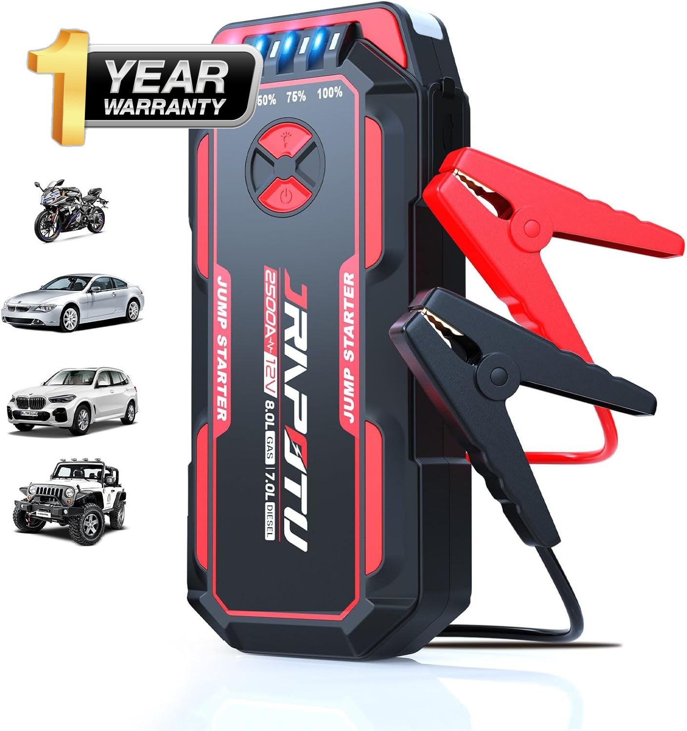 Jrapotu 16800mAh Portable Car Jump Starter with LED Flashlight &amp; Power Bank - 1000A Peak for 12V Vehicles
