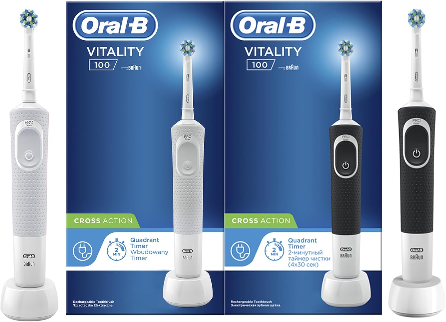 Oral-B Vitality Pro Electric Toothbrush – Rechargeable with 3 Cleaning Modes &amp; Timer, Black + White Handle Set