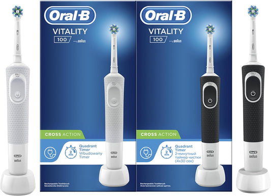 Oral-B Vitality Pro Electric Toothbrush – Rechargeable with 3 Cleaning Modes &amp; Timer, Black + White Handle Set