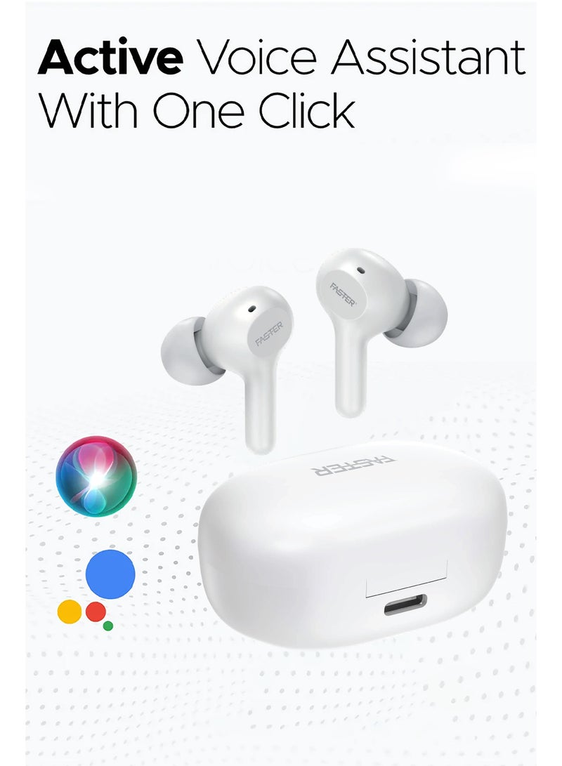 Faster S50 Wireless Earbuds with Active Voice Assistant - 6 Hours Playtime - HiFi Stereo Sound - Bluetooth Earphones with Ultra-Low Latency - IPX5 Sweat & Splash Proof - For Exercise, Gym - Compatible with iPhone & Android (White)