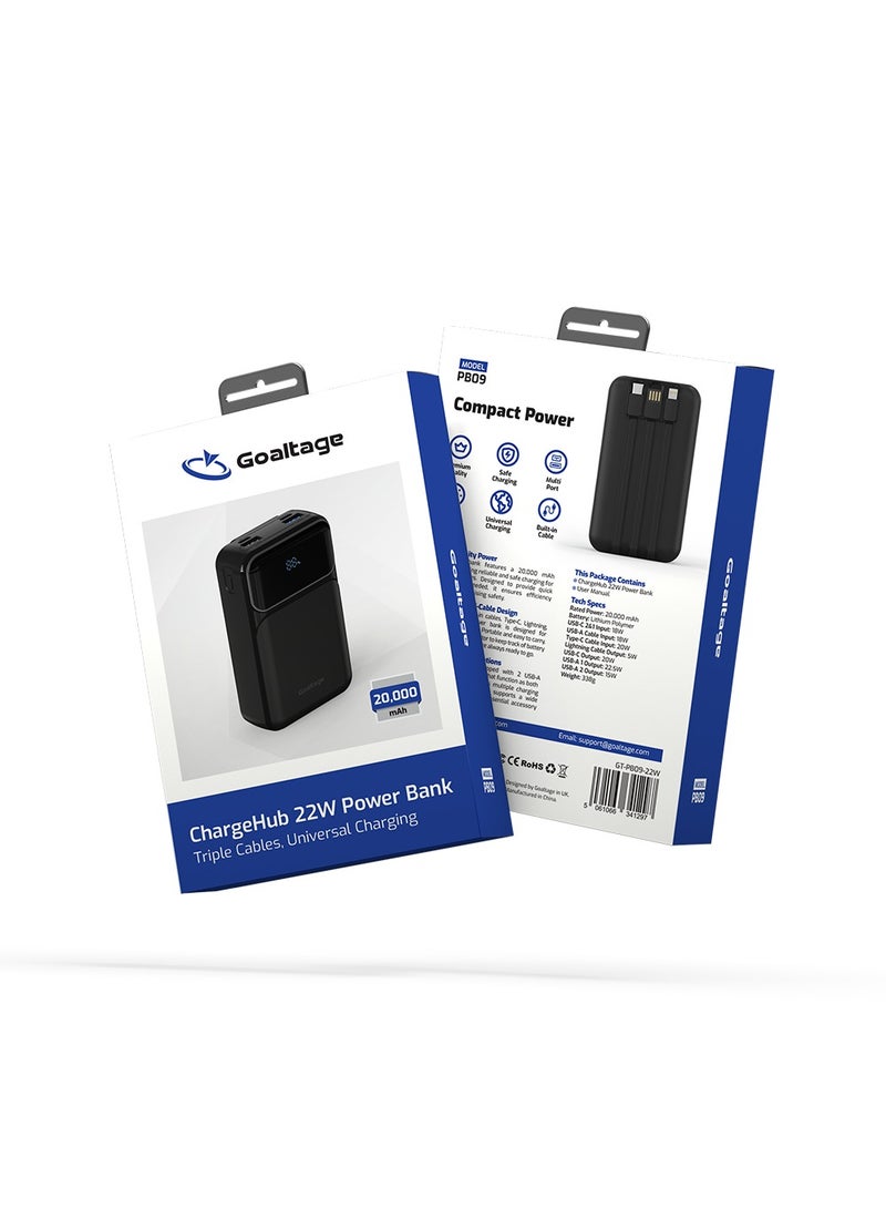 PB09 ChargeHub 20K Power Bank 22W with Built-In Cable, Power Indicator, Universal Safe Charging and Multi-Port Functionality