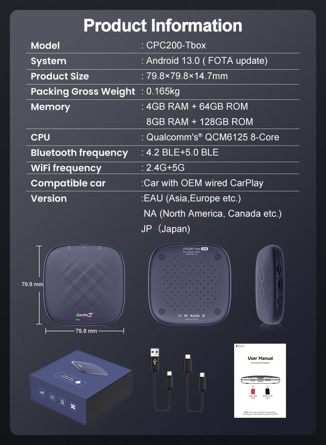 Carlinkit CarPlay AI Box Android 13 4+64GB/8+128GB TV Wireless CarPlay And Android Auto SDM6125 4G LTE Netflix YouTube Google Play IPTV FOTA