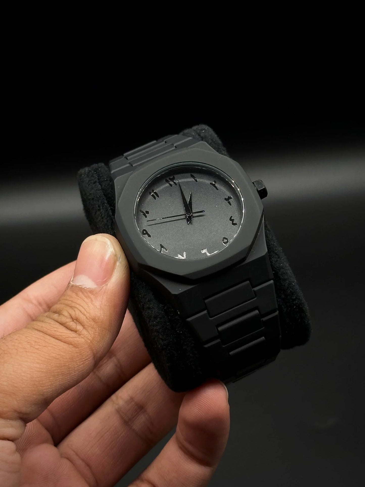 Aura Black Men's Watch – Minimalist Arabic Dial, Luminous Hands, Quartz Movement, Business Casual Style