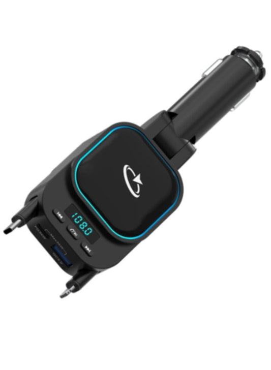 Goaltage FMTR02 PowerTune Pro Bluetooth FM Transmitter with Built-In Cables, Multi-Format Support, Safety Protection, Fast Charging, Hands-Free Calling and Wide Compatibility