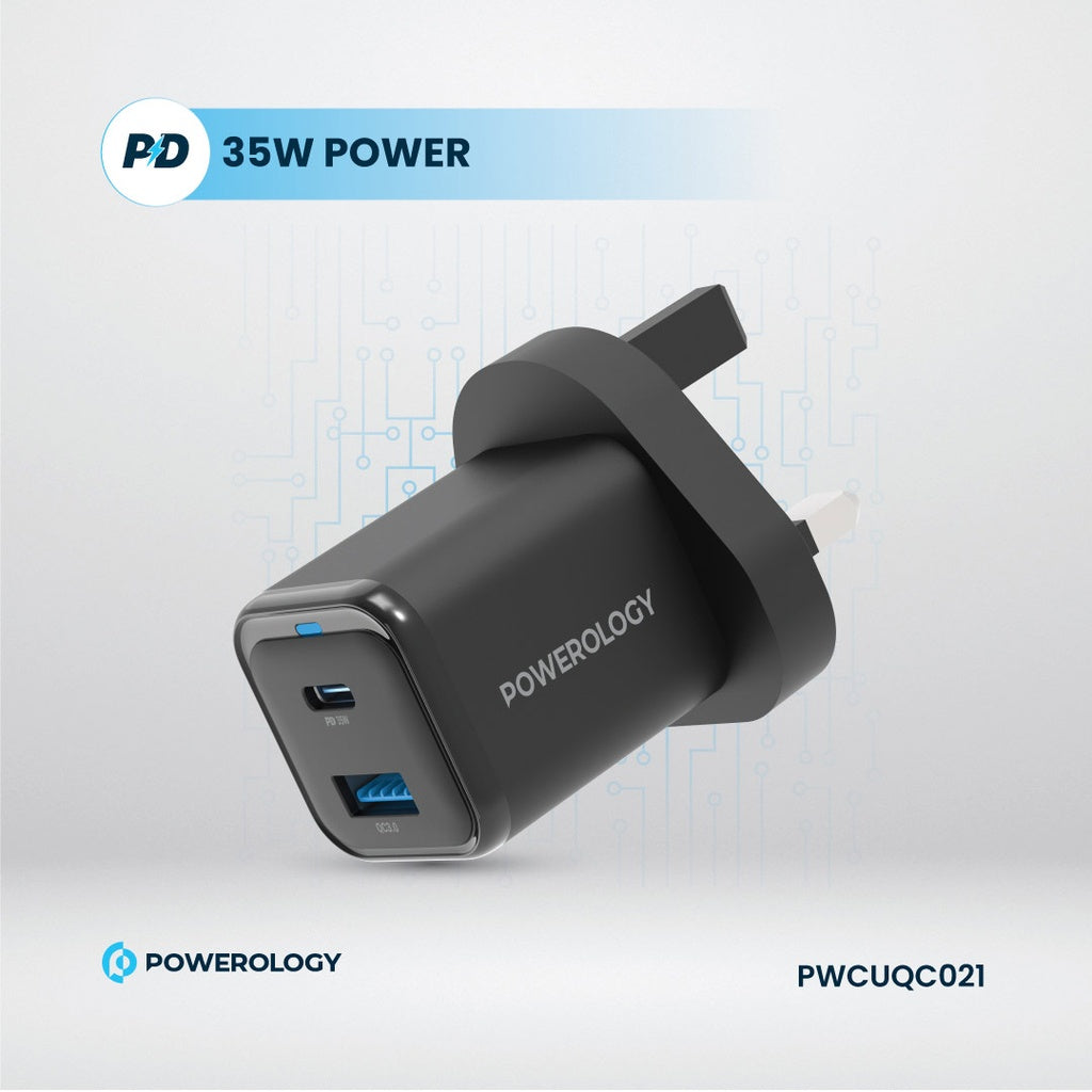 [PWCUQC021] Powerology 35W PD QC 1xUSB-C 35W and 1xUSB-A 18W GaN Charger UK with USB-C Cable - Black