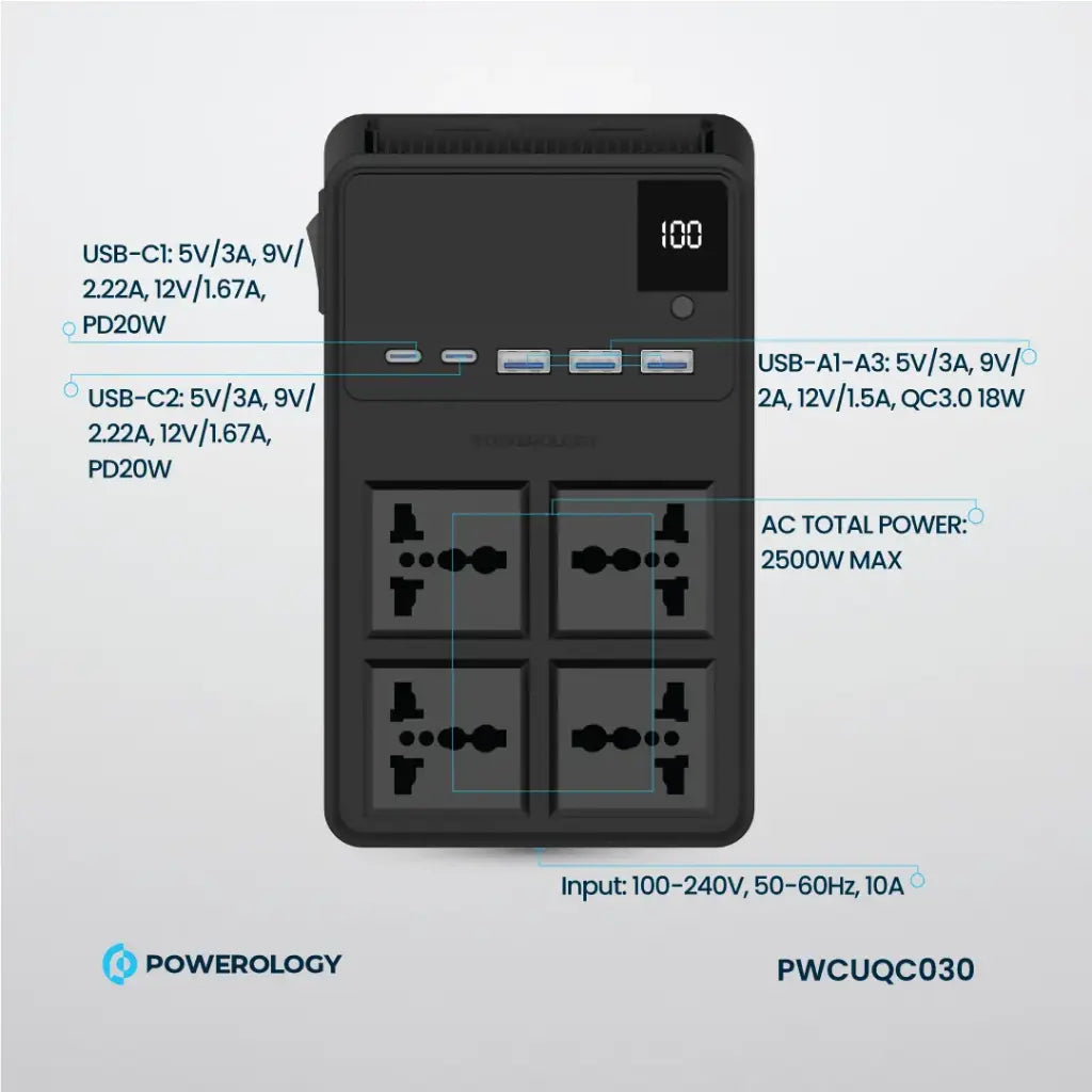 [PWCUQC029] Powerology 2500w 4 AC Power Strip with Built-In Retractable Cables - Black