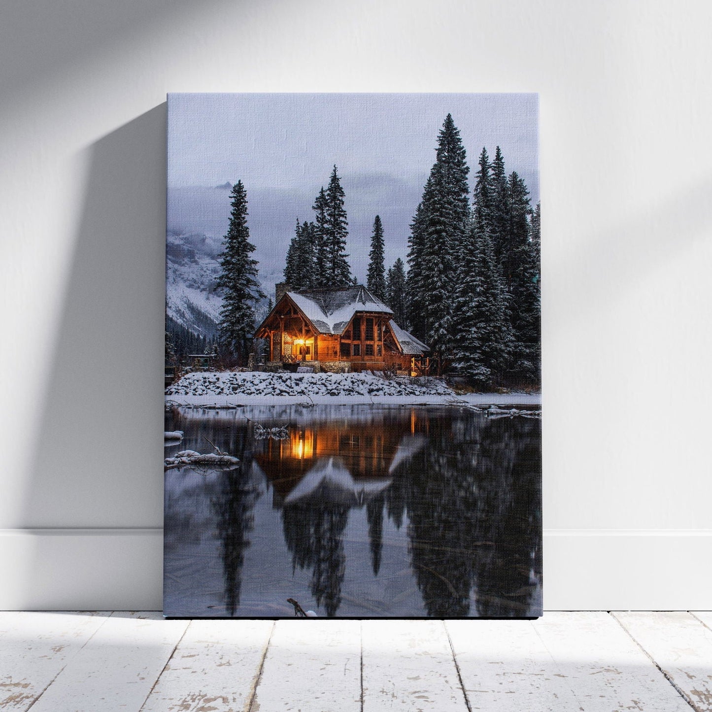 Christmas Lodge in the Snow - Framed Canvas Wall Art Print-0