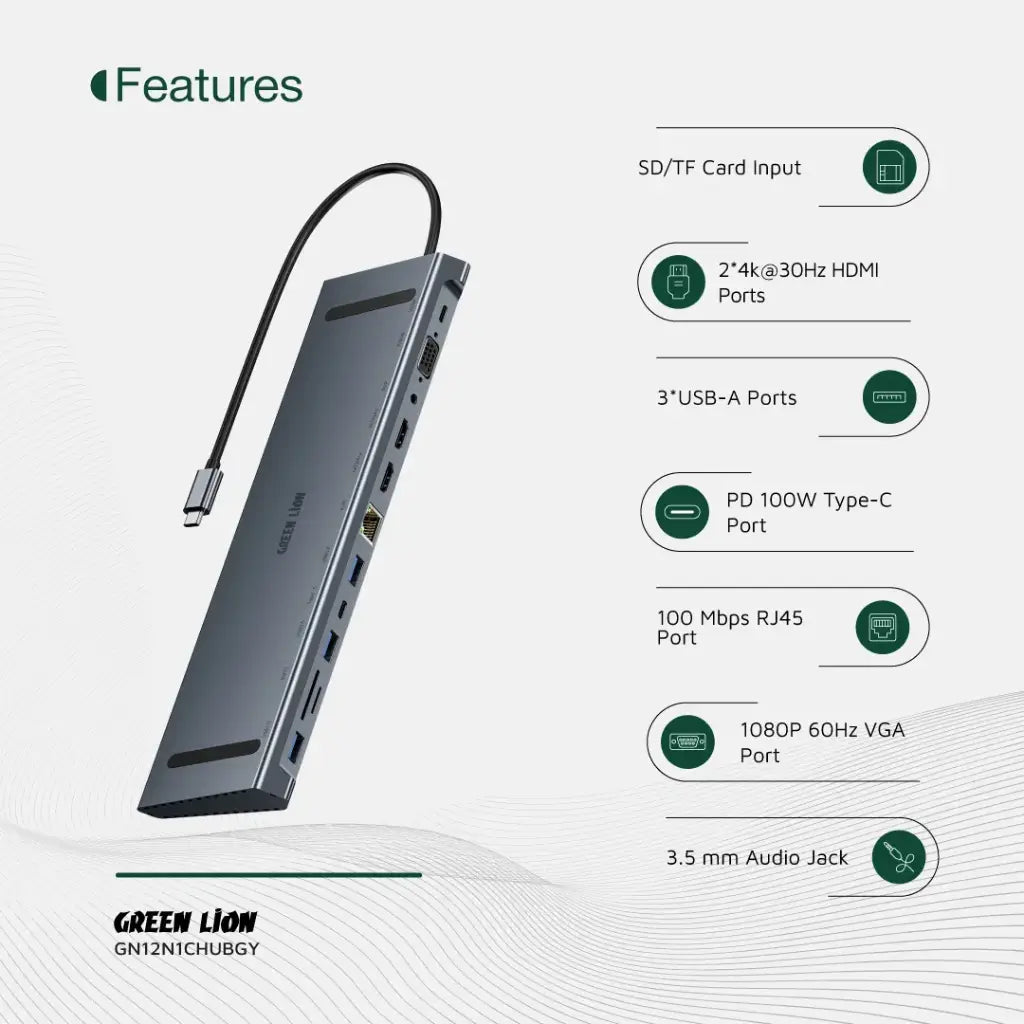 Green Lion 12-in-1 4K HDMI Ethernet USB-C Hub - Gray