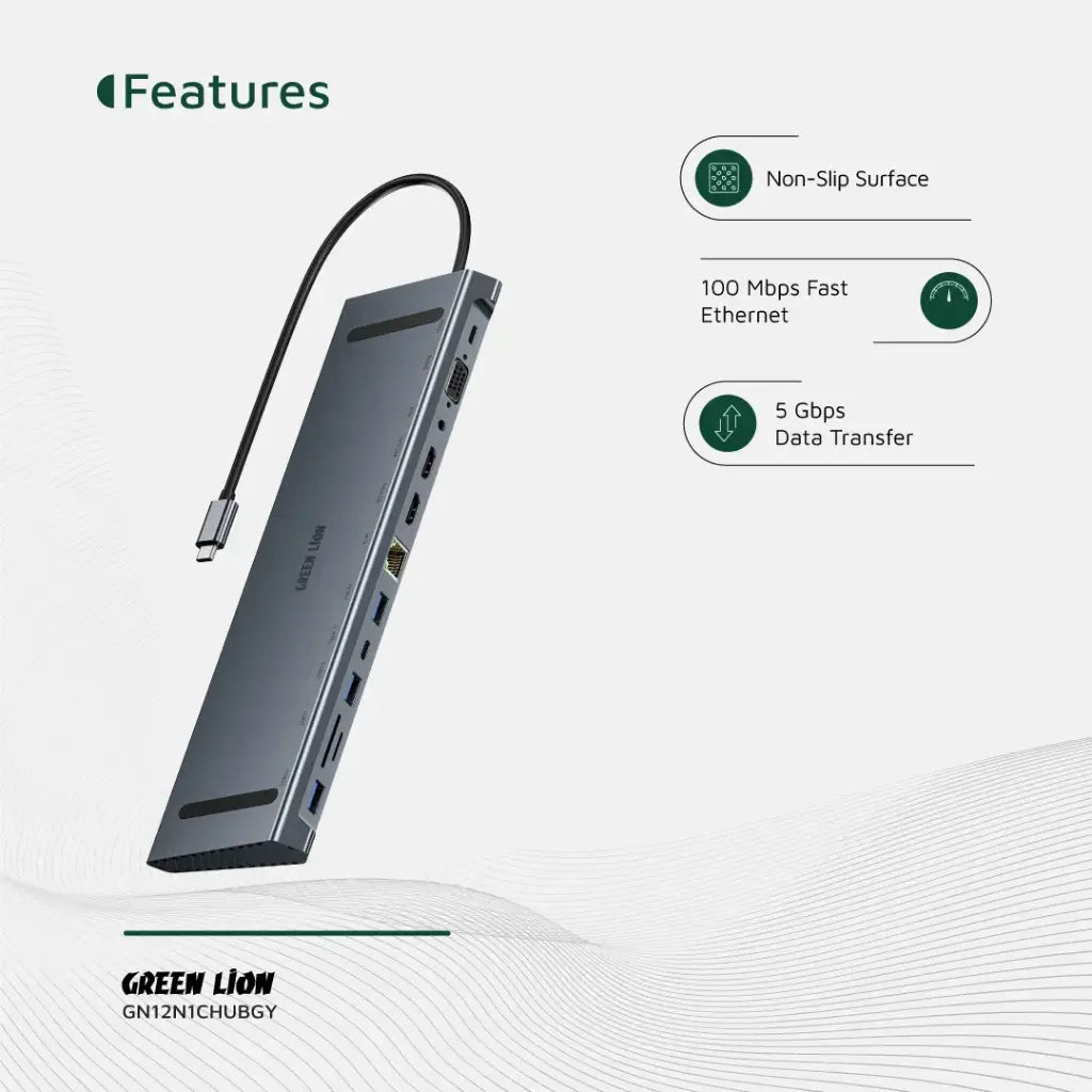 Green Lion 12-in-1 4K HDMI Ethernet USB-C Hub - Gray