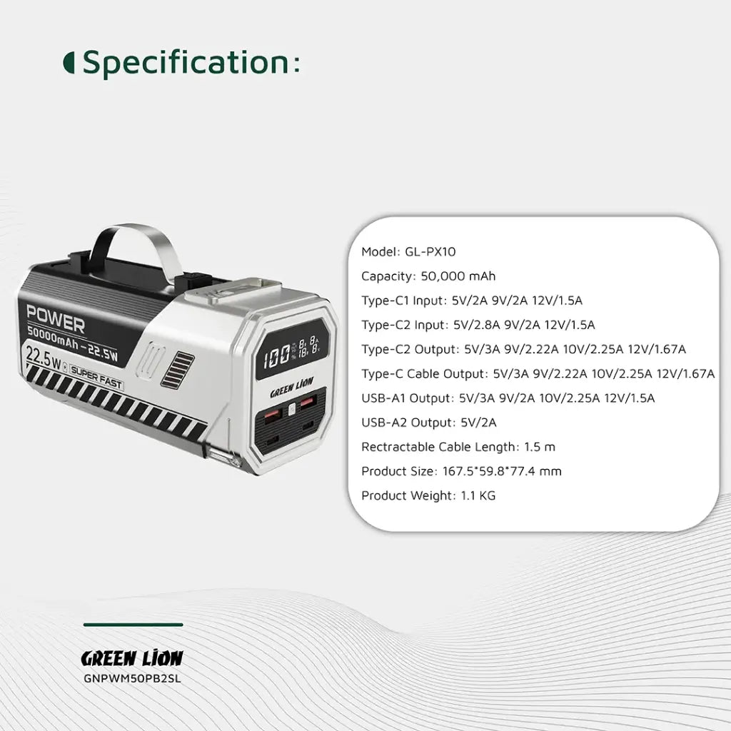 Green Lion 50000mAh Power Bank 22.5W - Silver