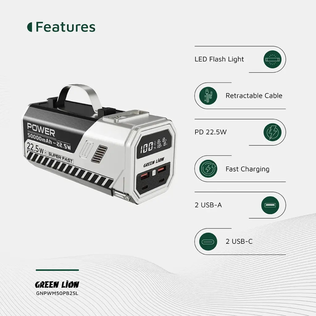 Green Lion 50000mAh Power Bank 22.5W - Silver