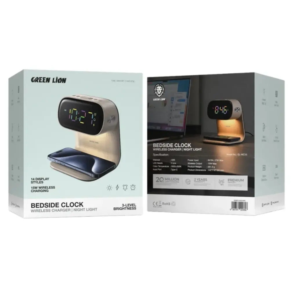 Green Lion Bedside Clock with Wireless Charger -wood