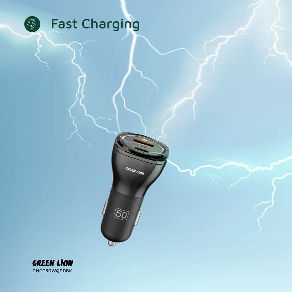 Green Lion Dual Port Car Charger 50W (with C to C / C to L Cable) - Black