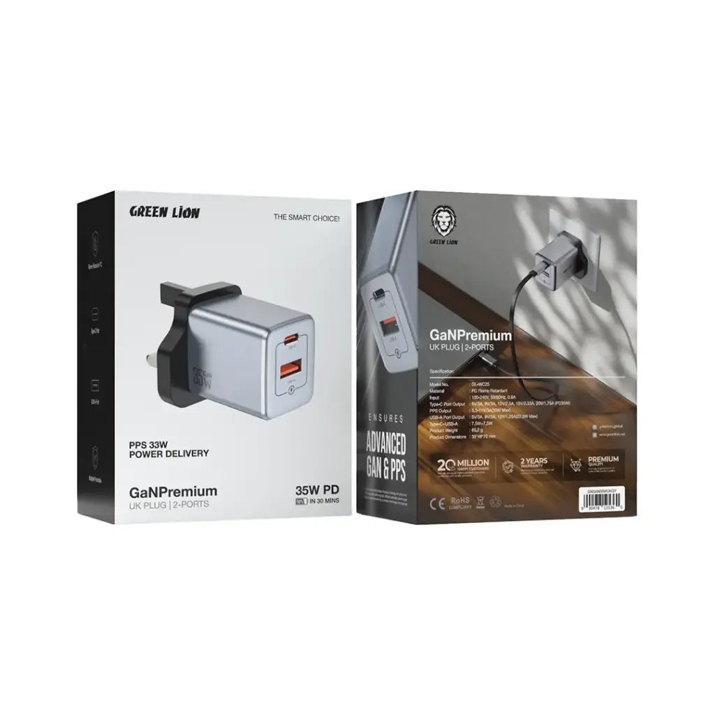 [GNGAN35WUKGY] Green Lion GaN Premium UK Plug Wall Charger - Gray 