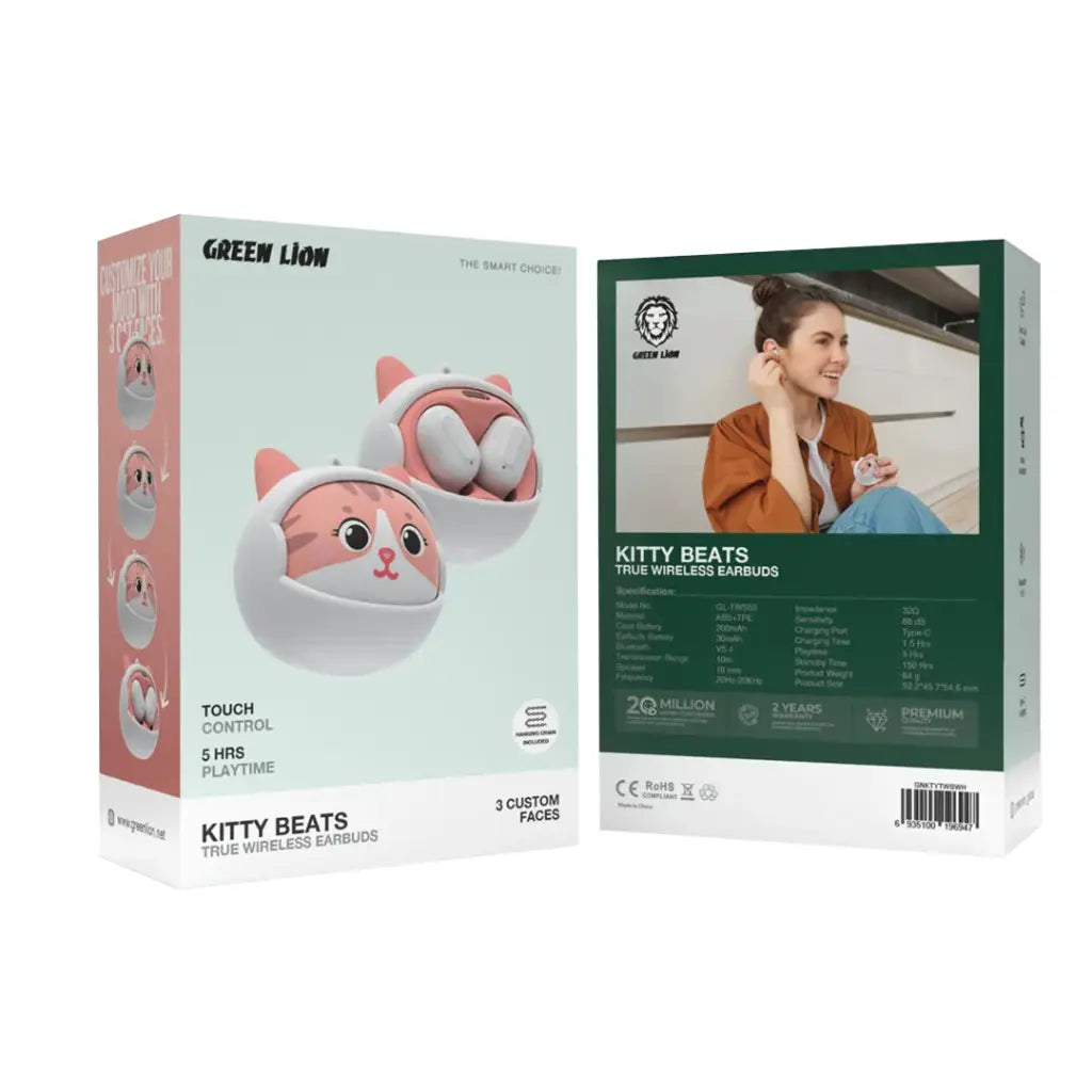 Green Lion Kitty Beats True Wireless Earbuds - White