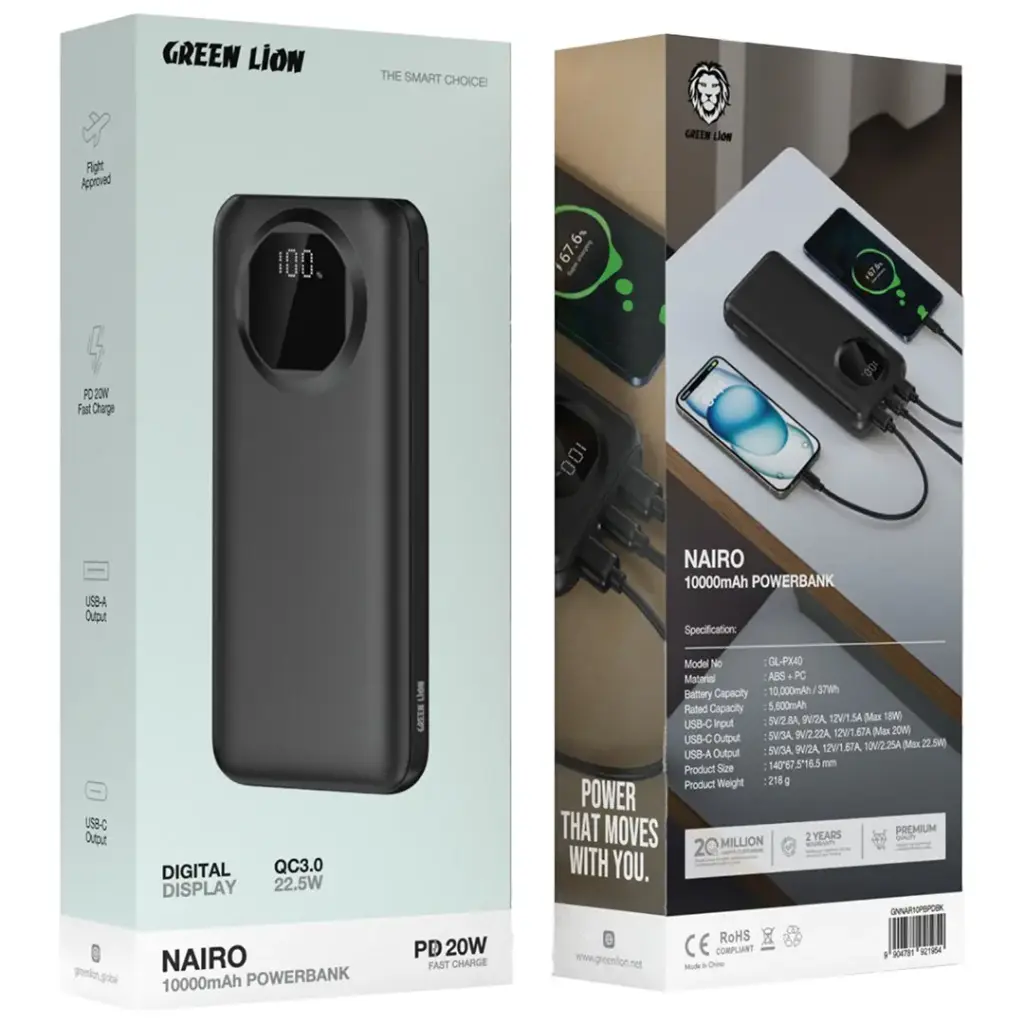 Green Lion Nairo 10000mAh Power Bank PD 20W - Black